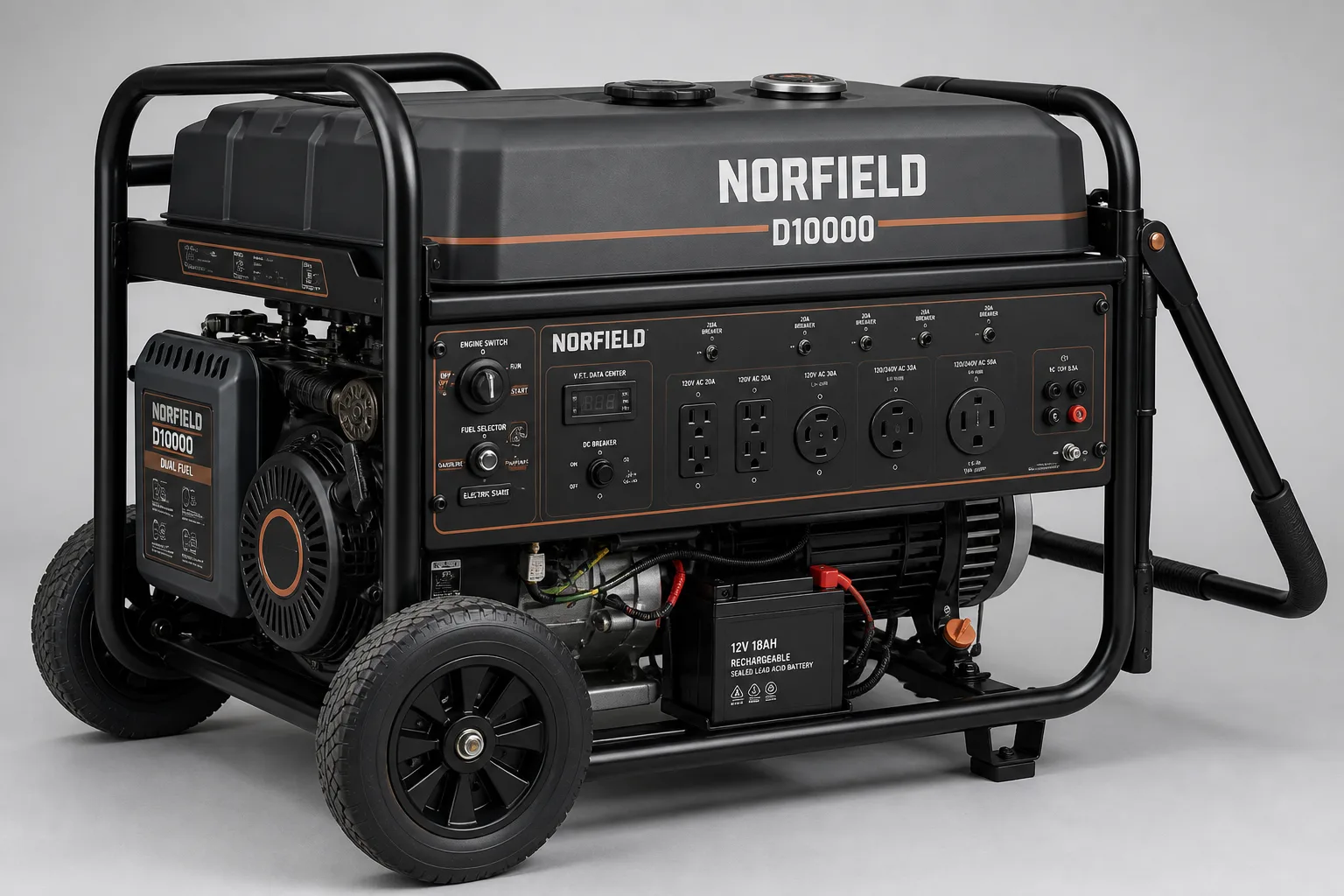 Norfield D10000 heavy-duty dual-fuel generator, studio three-quarter view with wide frame and 50-amp outlet
