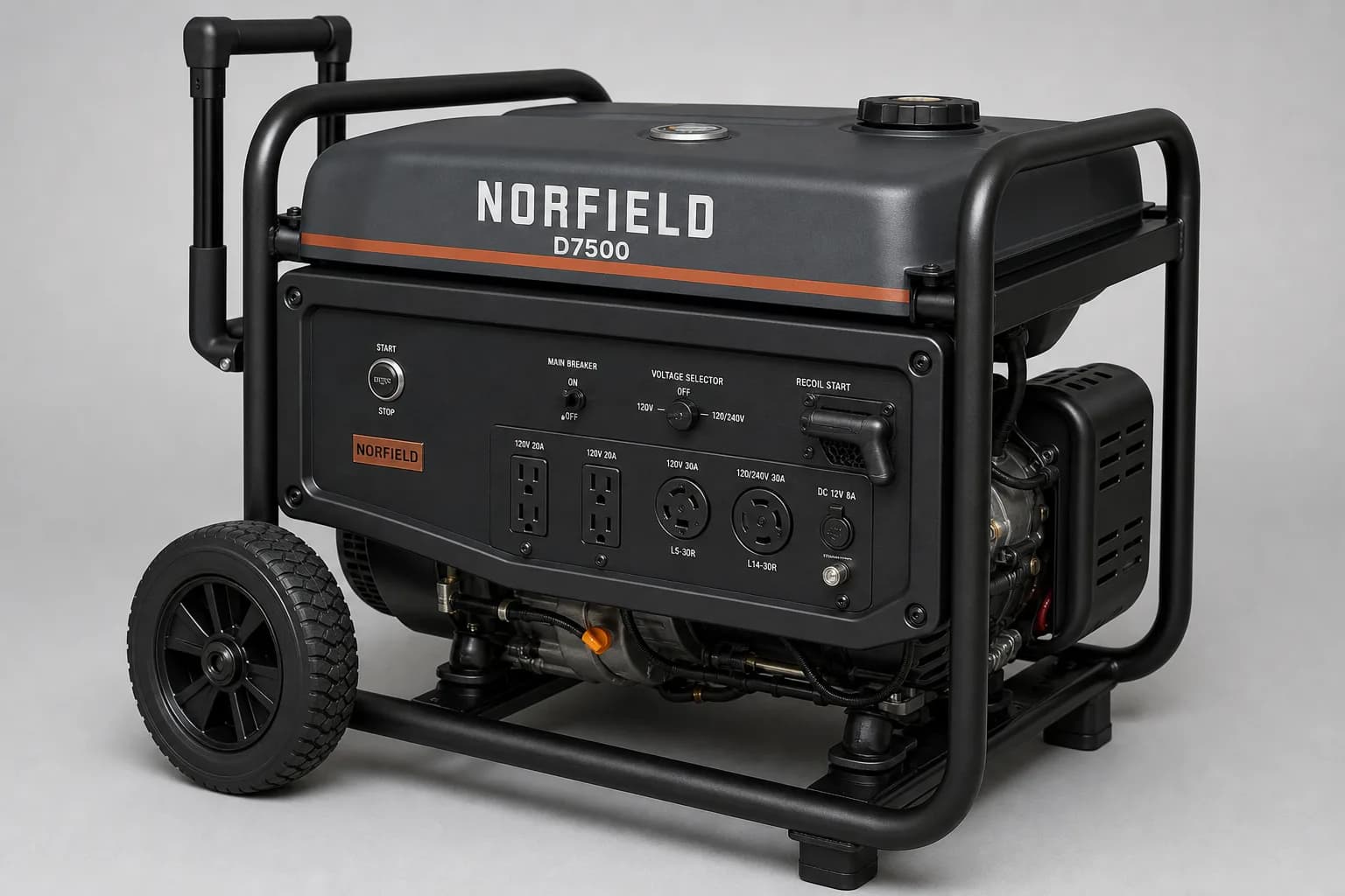 Norfield D7500 dual-fuel portable generator, studio three-quarter view with graphite tank and copper stripe