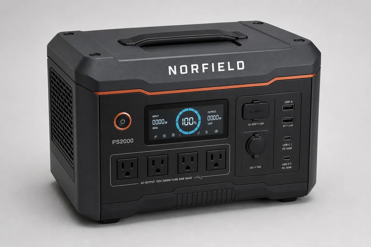 Norfield PS2000 portable power station, studio three-quarter view in graphite with copper accent line