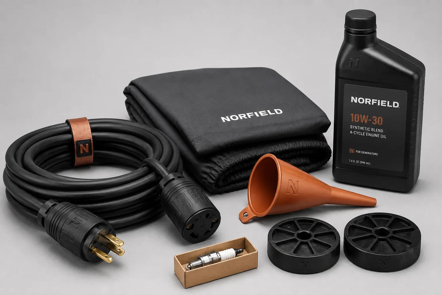 Norfield Ready Kit studio photo: 30A generator cord, cover, 10W-30 oil, copper funnel, spark plug, and rubber pads